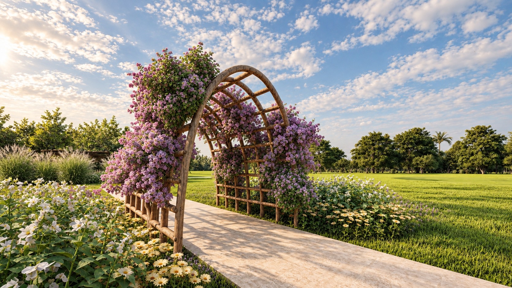 A flowering pergola walk through the private gardens