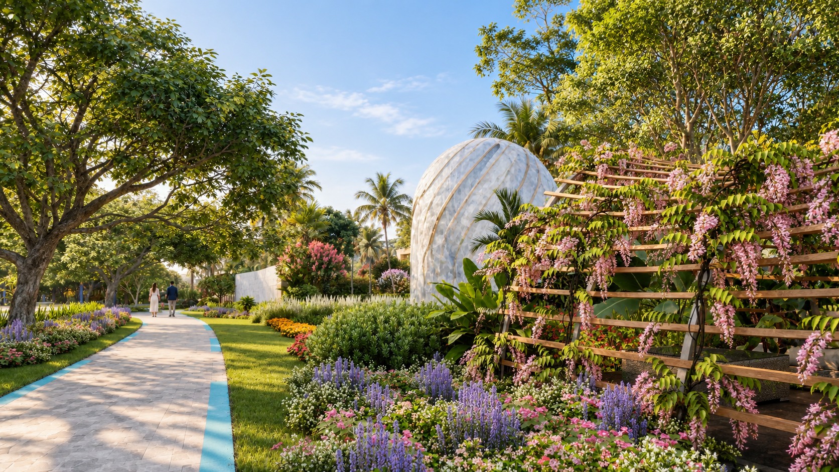A garden walk lined with flowering trees and a sculpture pavilion